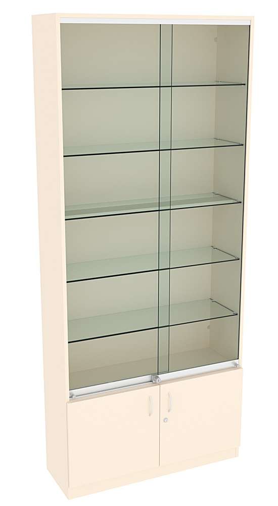 Витрина СЭСП-Z №1-300 (З/C - ДВП) со стеклянными полками и шторками Крем Вайс