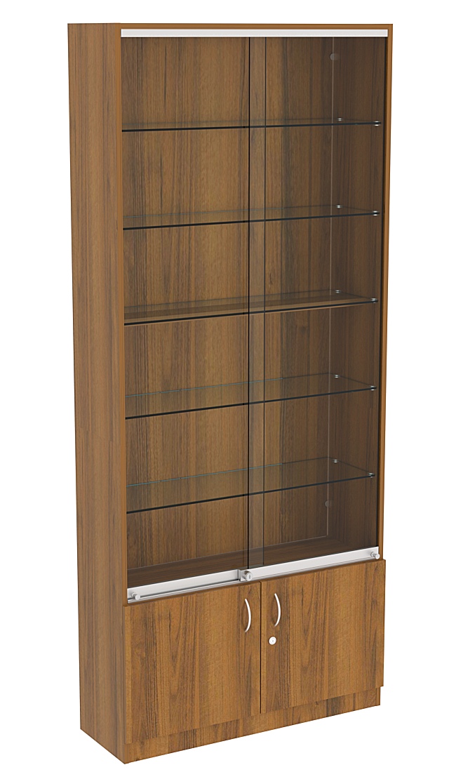 Витрина СЭСП-Z №1-300 (З/C - ДВП) со стеклянными полками и шторками Орех
