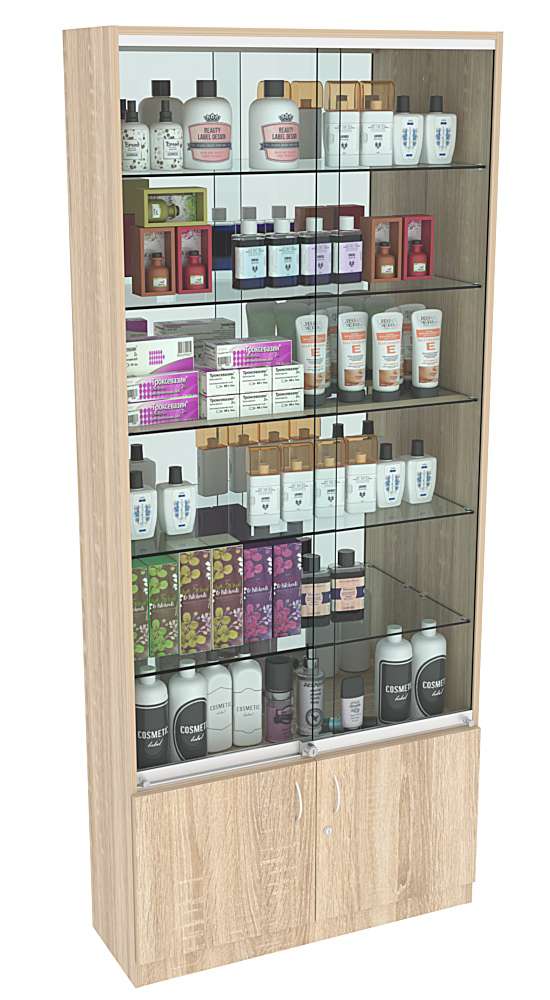 Витрина СЭСП-Z №1-300 (З/C - Зеркало) со стеклянными полками и шторками Дуб сонома