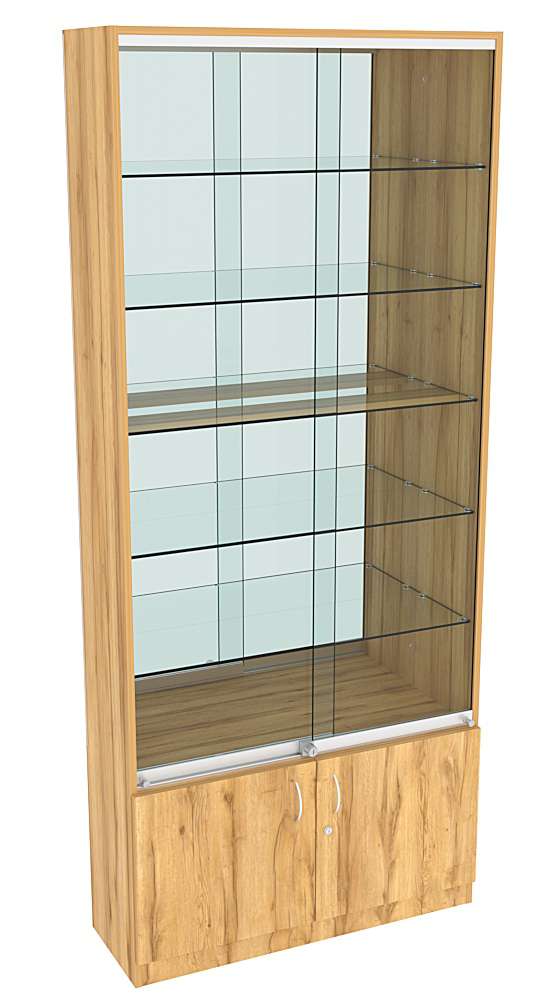 Витрина СЭСП-Z №1-300 (З/C - Зеркало) со стеклянными полками и шторками Дуб Золотистый