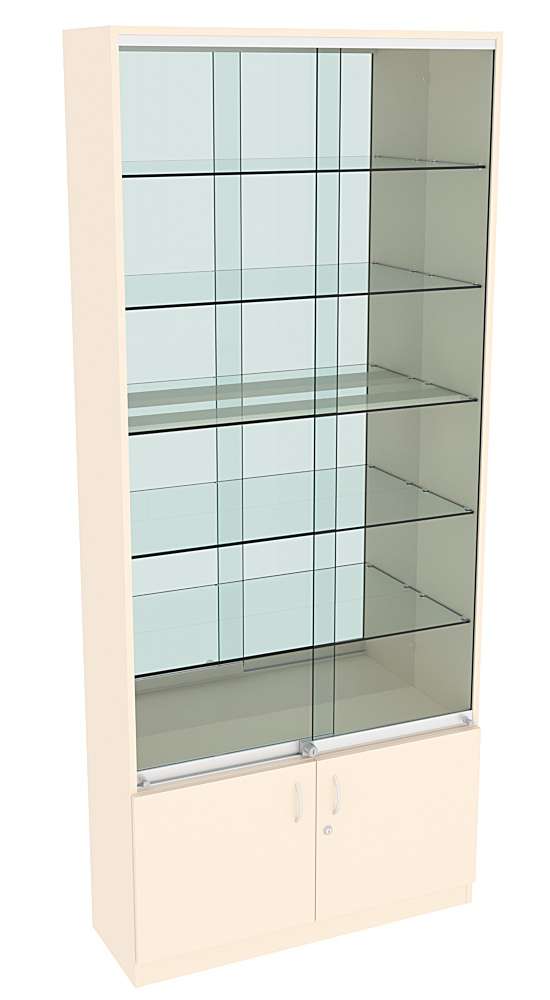 Витрина СЭСП-Z №1-300 (З/C - Зеркало) со стеклянными полками и шторками Крем Вайс