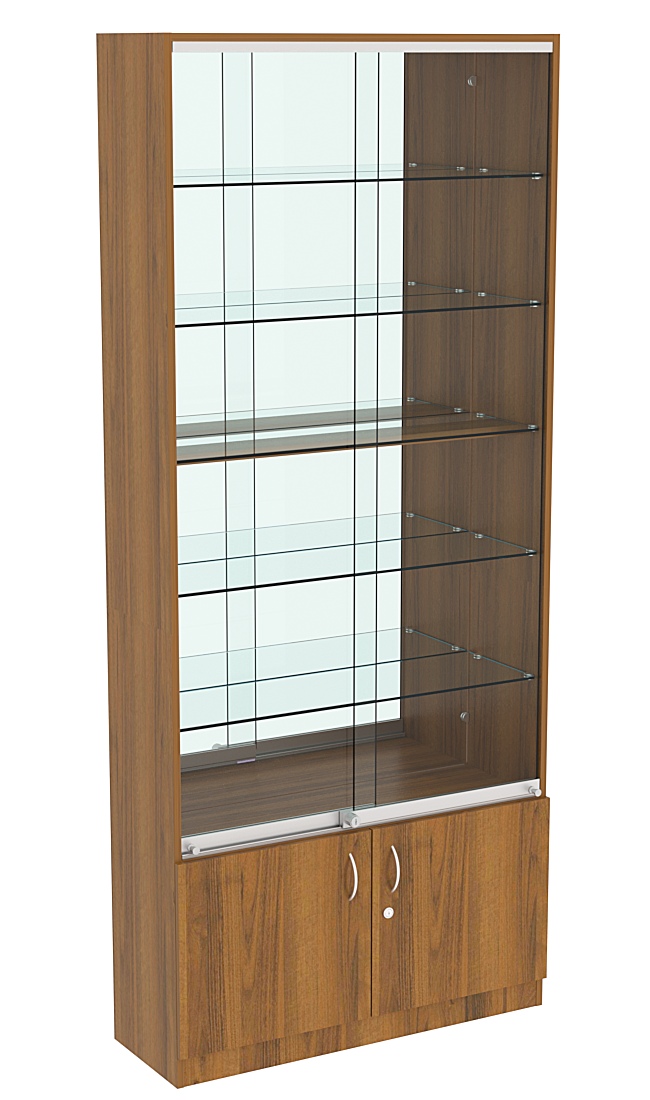 Витрина СЭСП-Z №1-300 (З/C - Зеркало) со стеклянными полками и шторками Орех