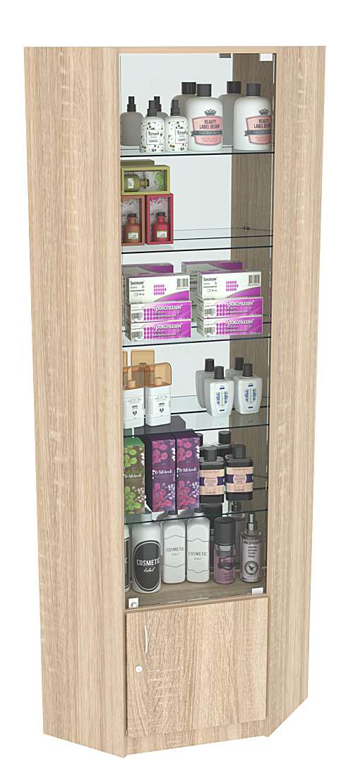 Угловая витрина СЭСП-Z №5-300 (З/C - Зеркало) со стеклянными полками и дверкой Дуб сонома