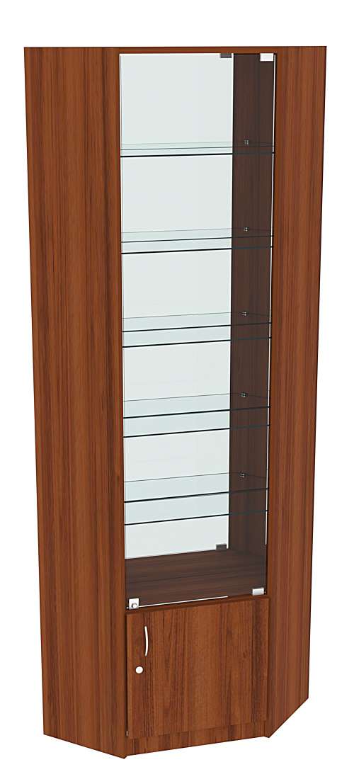 Угловая витрина СЭСП-Z №5-300 (З/C - Зеркало) со стеклянными полками и дверкой Орех