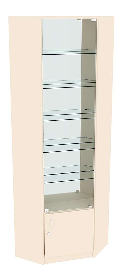 Угловая витрина СЭСП-Z №5-300 (З/C - Зеркало) со стеклянными полками и дверкой Крем Вайс