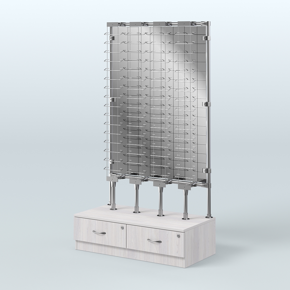 Пристенный стенд для продажи очков З/C-Зеркало №ПСДПО-ОД-Т28-Д24 (открытый доступ) Ясень Анкор светлый