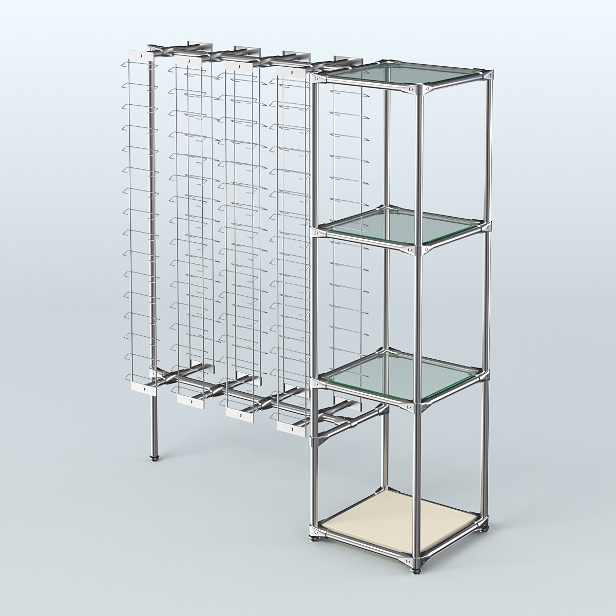 Хромированный стенд для продажи очков ЛИНИЯ №1-1-Д24 с полками стекло 6мм Крем Вайс