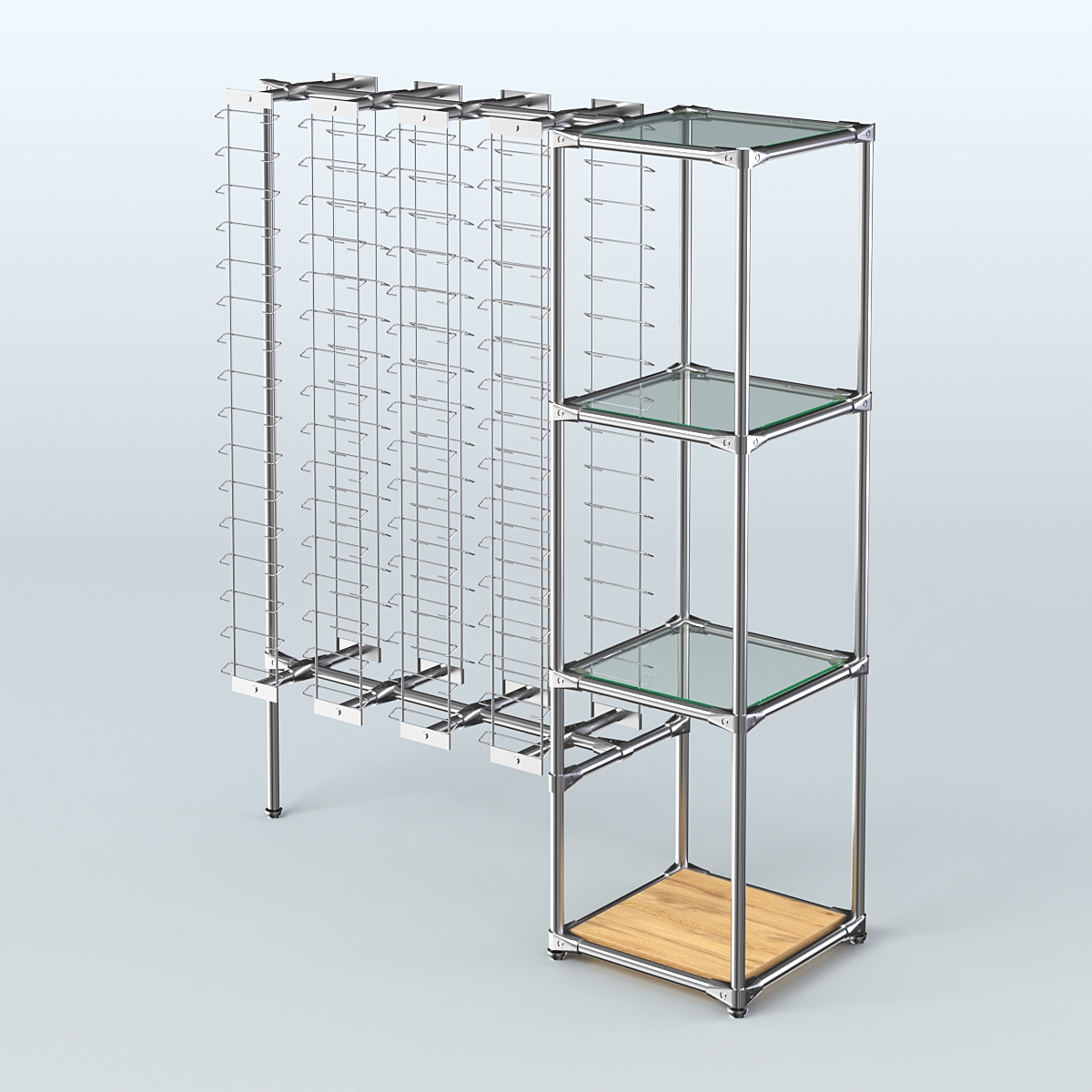 Хромированный стенд для продажи очков ЛИНИЯ №1-1-Д24 с полками стекло 6мм Дуб Золотистый