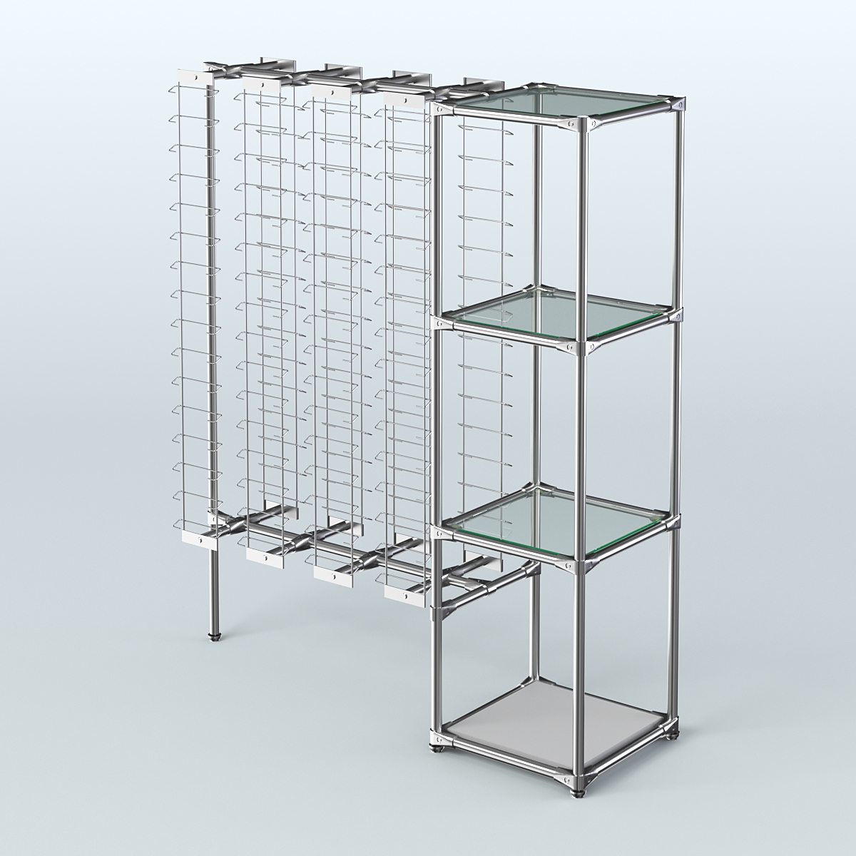 Хромированный стенд для продажи очков ЛИНИЯ №1-1-Д24 с полками стекло 6мм Серый