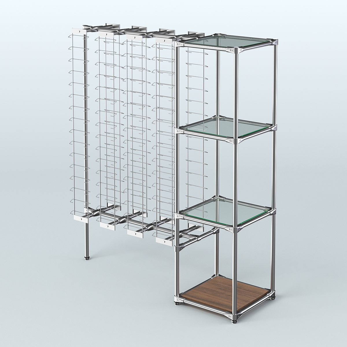 Хромированный стенд для продажи очков ЛИНИЯ №1-1-Д24 с полками стекло 6мм Орех