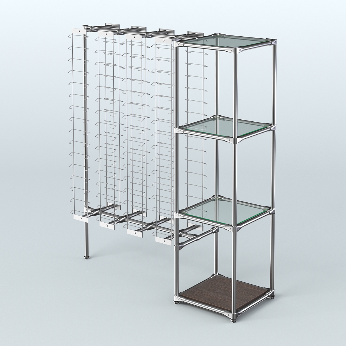 Хромированный стенд для продажи очков ЛИНИЯ №1-1-Д24 с полками стекло 6мм Дуб Венге