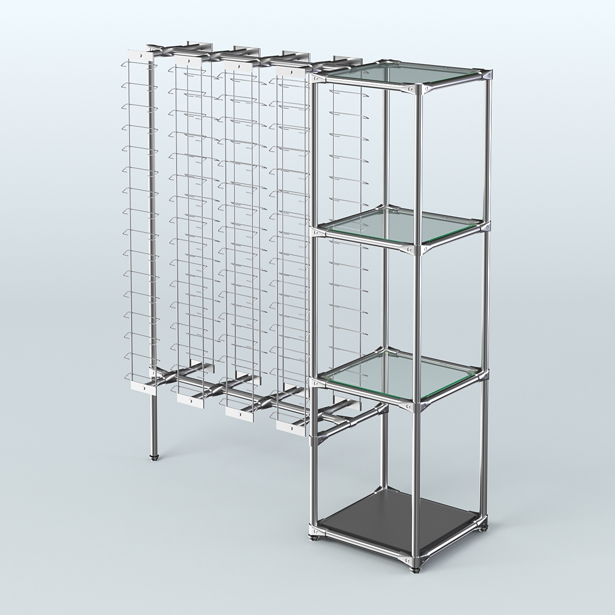 Хромированный стенд для продажи очков ЛИНИЯ №1-1-Д24 с полками стекло 6мм Черный