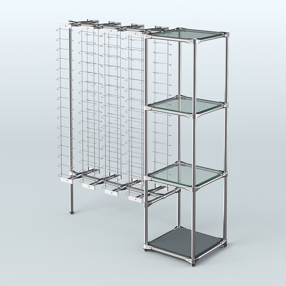 Хромированный стенд для продажи очков ЛИНИЯ №1-1-Д24 с полками стекло 6мм Темно-Серый