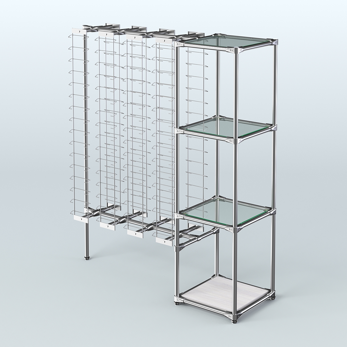 Хромированный стенд для продажи очков ЛИНИЯ №1-1-Д24 с полками стекло 6мм Ясень Анкор светлый