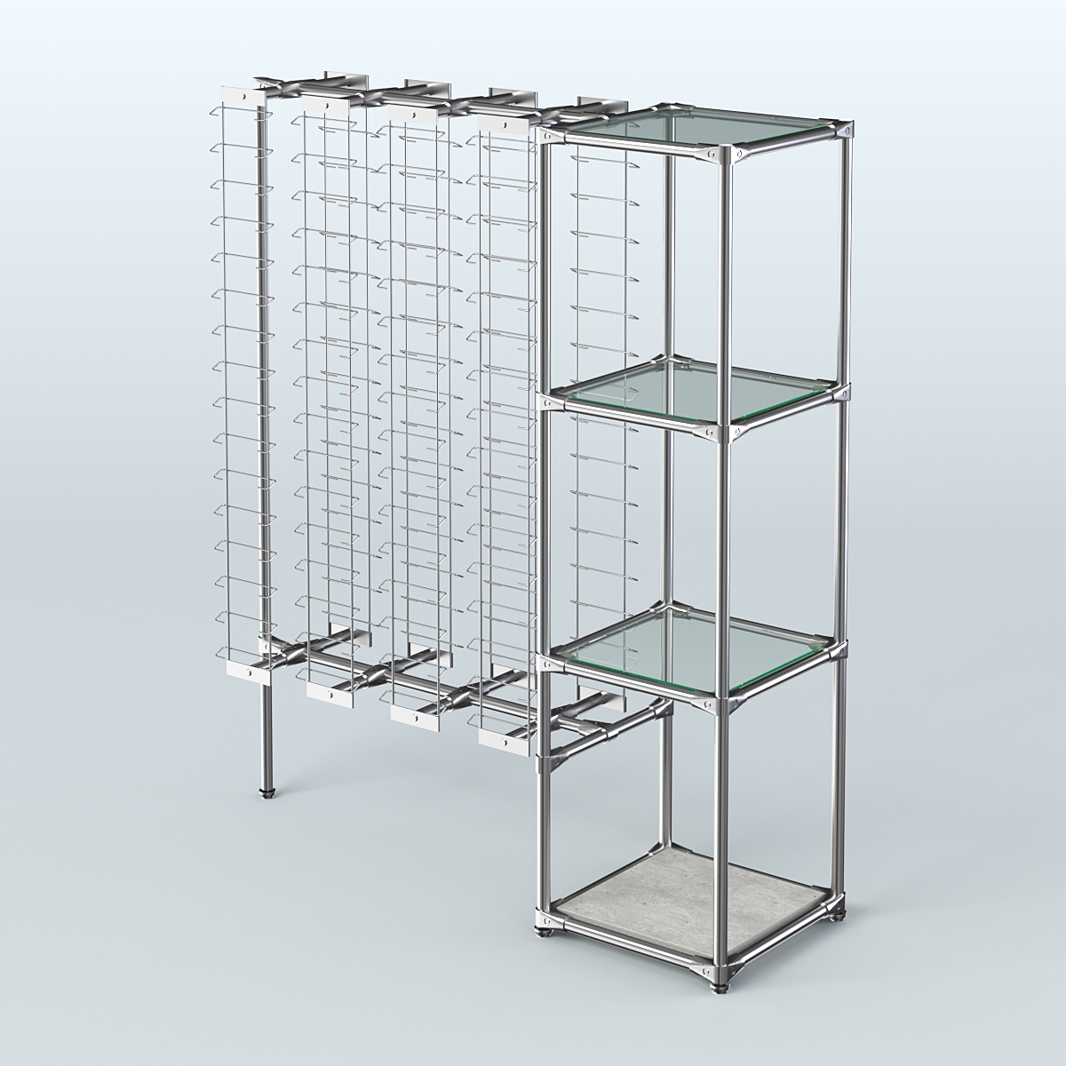 Хромированный стенд для продажи очков ЛИНИЯ №1-1-Д24 с полками стекло 6мм Метрополитан Грей