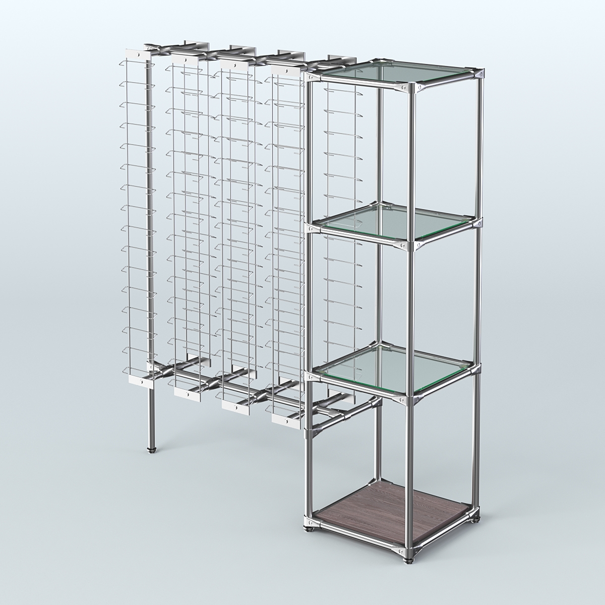 Хромированный стенд для продажи очков ЛИНИЯ №1-1-Д24 с полками стекло 6мм Ясень Анкор темный