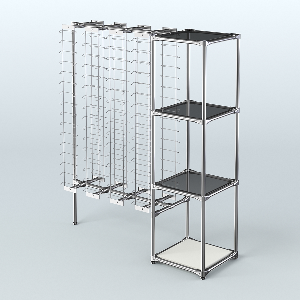 Хромированный стенд для продажи очков ЛИНИЯ №1-2-Д24 с тонированными полками стекло 8 мм Белый