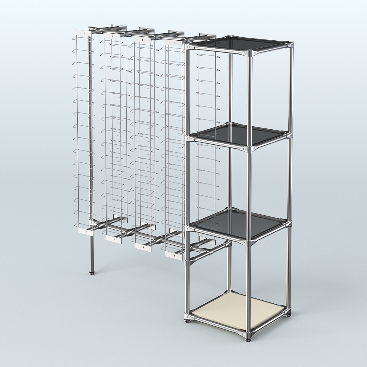 Хромированный стенд для продажи очков ЛИНИЯ №1-2-Д24 с тонированными полками стекло 8 мм Крем Вайс