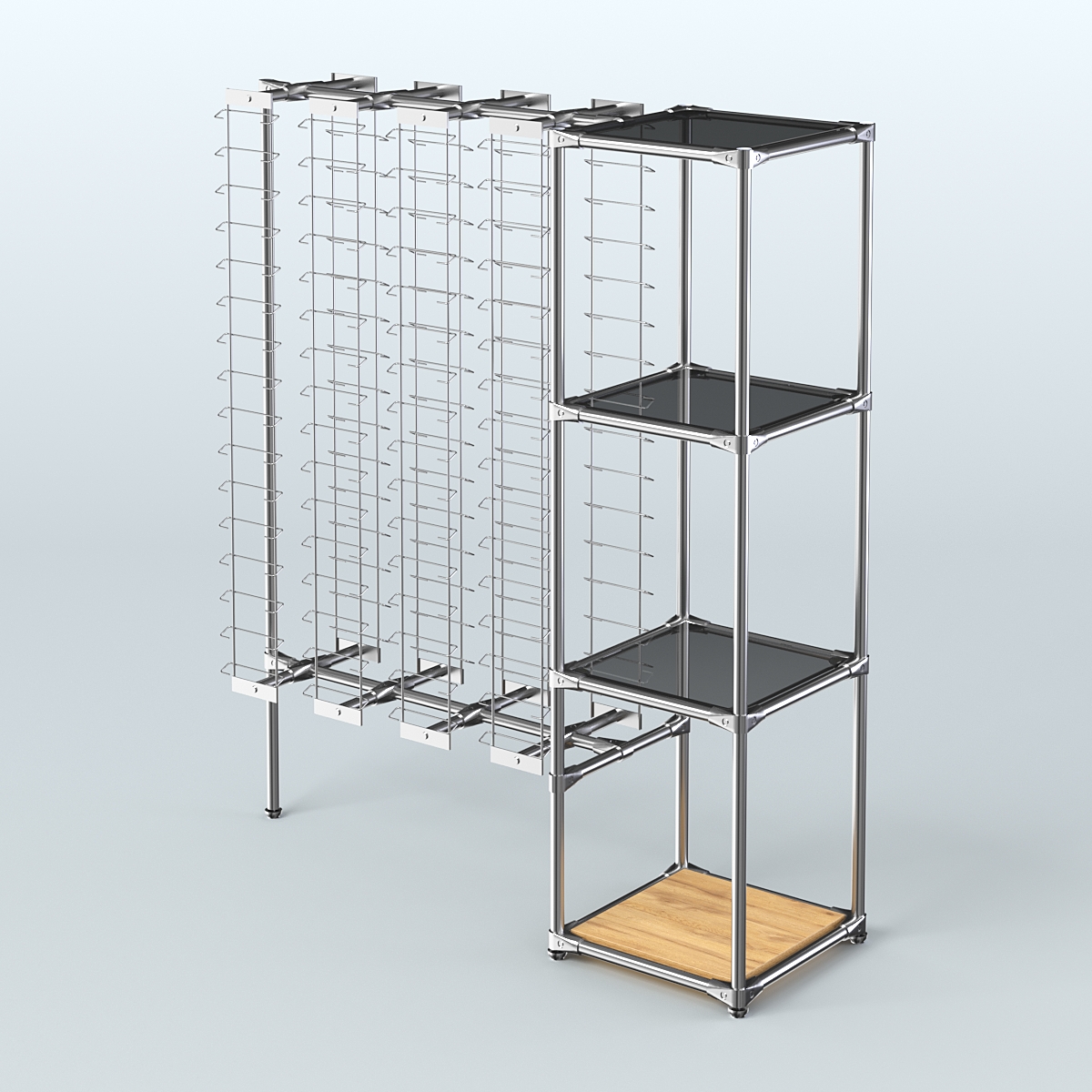 Хромированный стенд для продажи очков ЛИНИЯ №1-2-Д24 с тонированными полками стекло 8 мм Дуб Золотистый