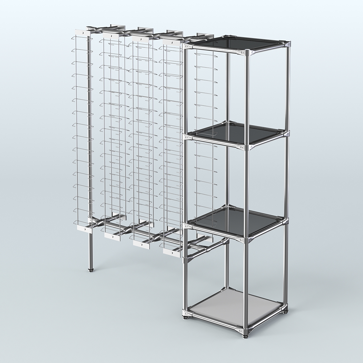 Хромированный стенд для продажи очков ЛИНИЯ №1-2-Д24 с тонированными полками стекло 8 мм Серый