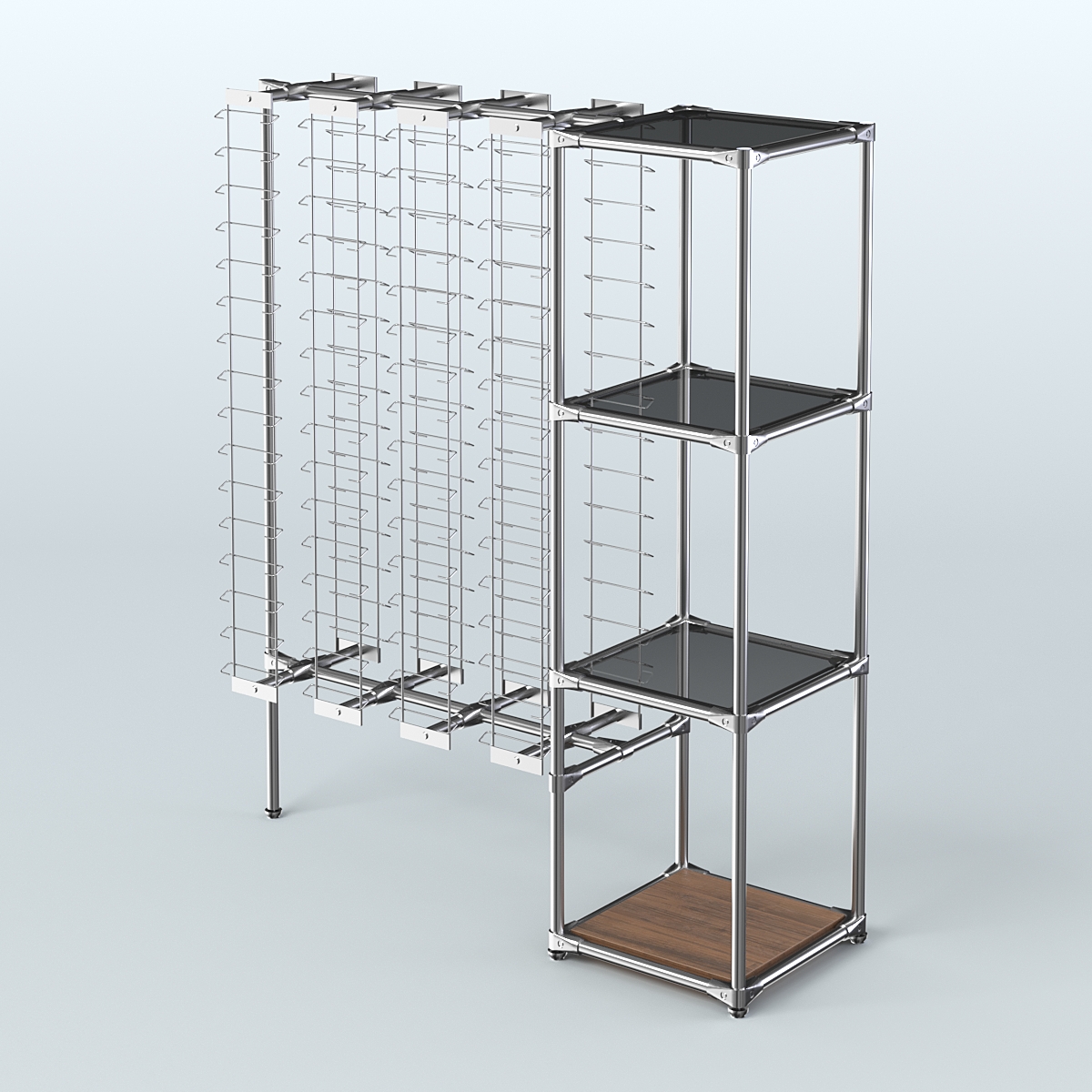 Хромированный стенд для продажи очков ЛИНИЯ №1-2-Д24 с тонированными полками стекло 8 мм Орех