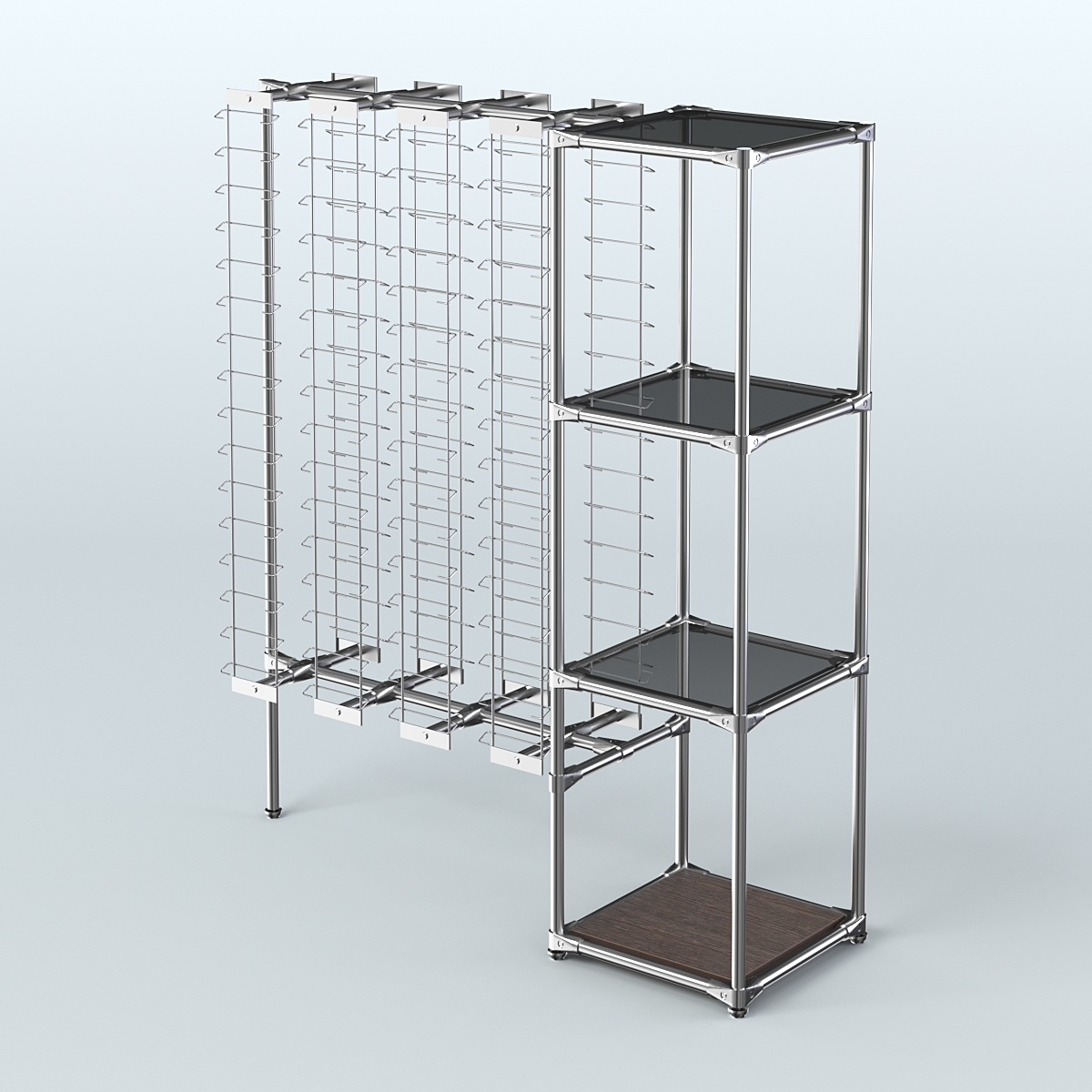 Хромированный стенд для продажи очков ЛИНИЯ №1-2-Д24 с тонированными полками стекло 8 мм Дуб Венге