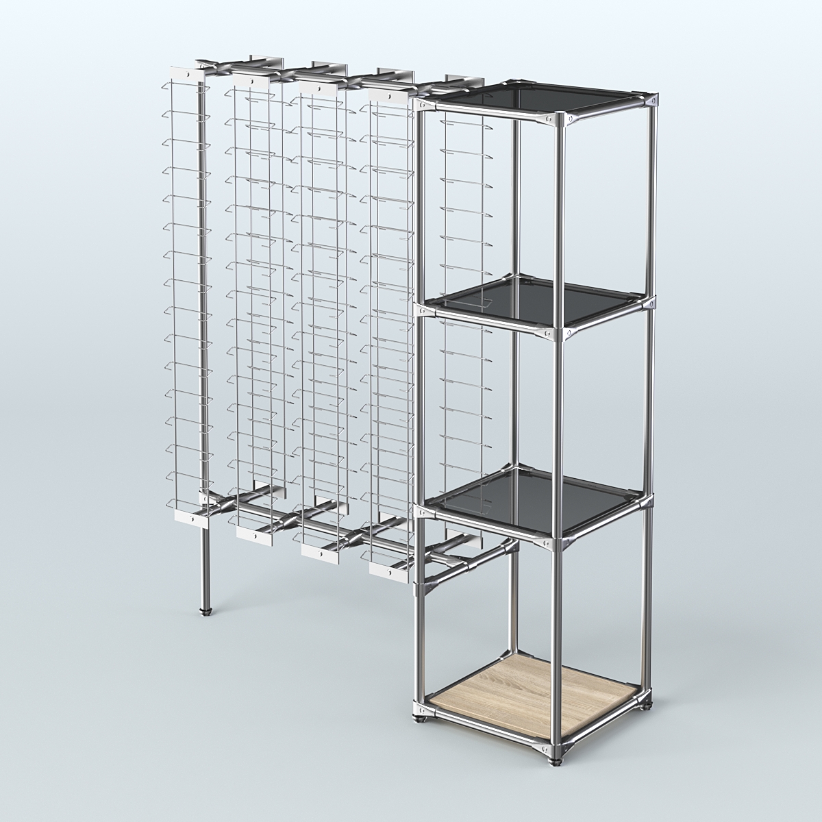 Хромированный стенд для продажи очков ЛИНИЯ №1-2-Д24 с тонированными полками стекло 8 мм Дуб сонома