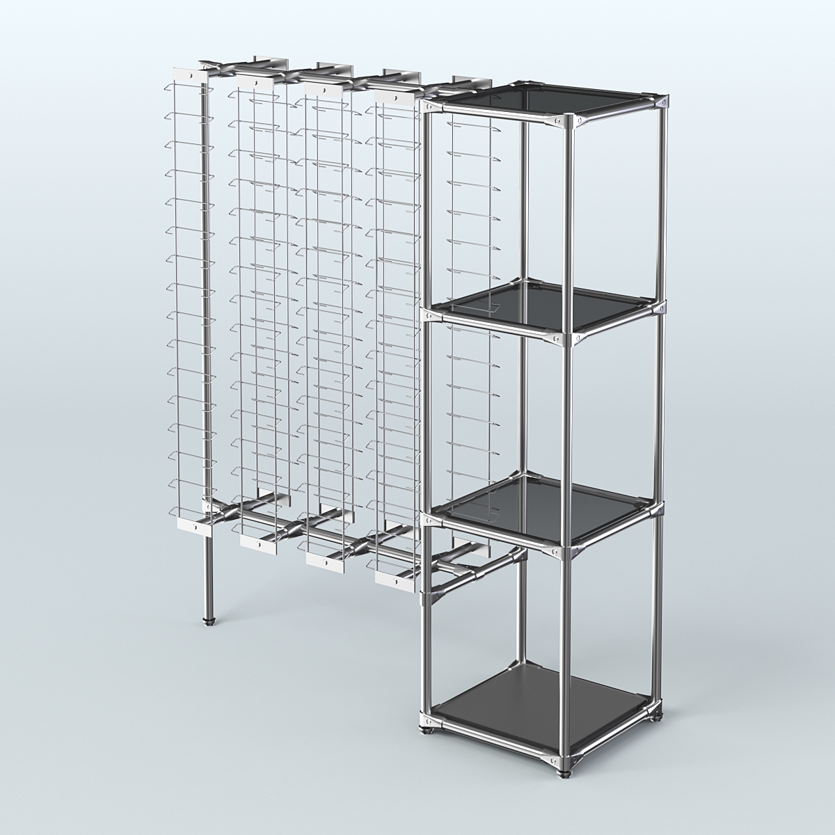 Хромированный стенд для продажи очков ЛИНИЯ №1-2-Д24 с тонированными полками стекло 8 мм Черный