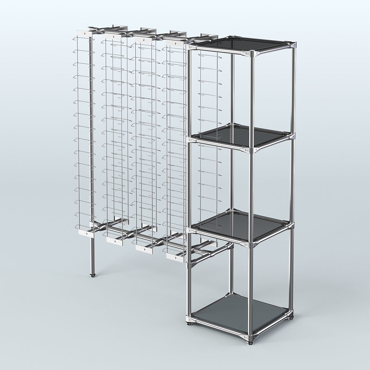 Хромированный стенд для продажи очков ЛИНИЯ №1-2-Д24 с тонированными полками стекло 8 мм Темно-Серый