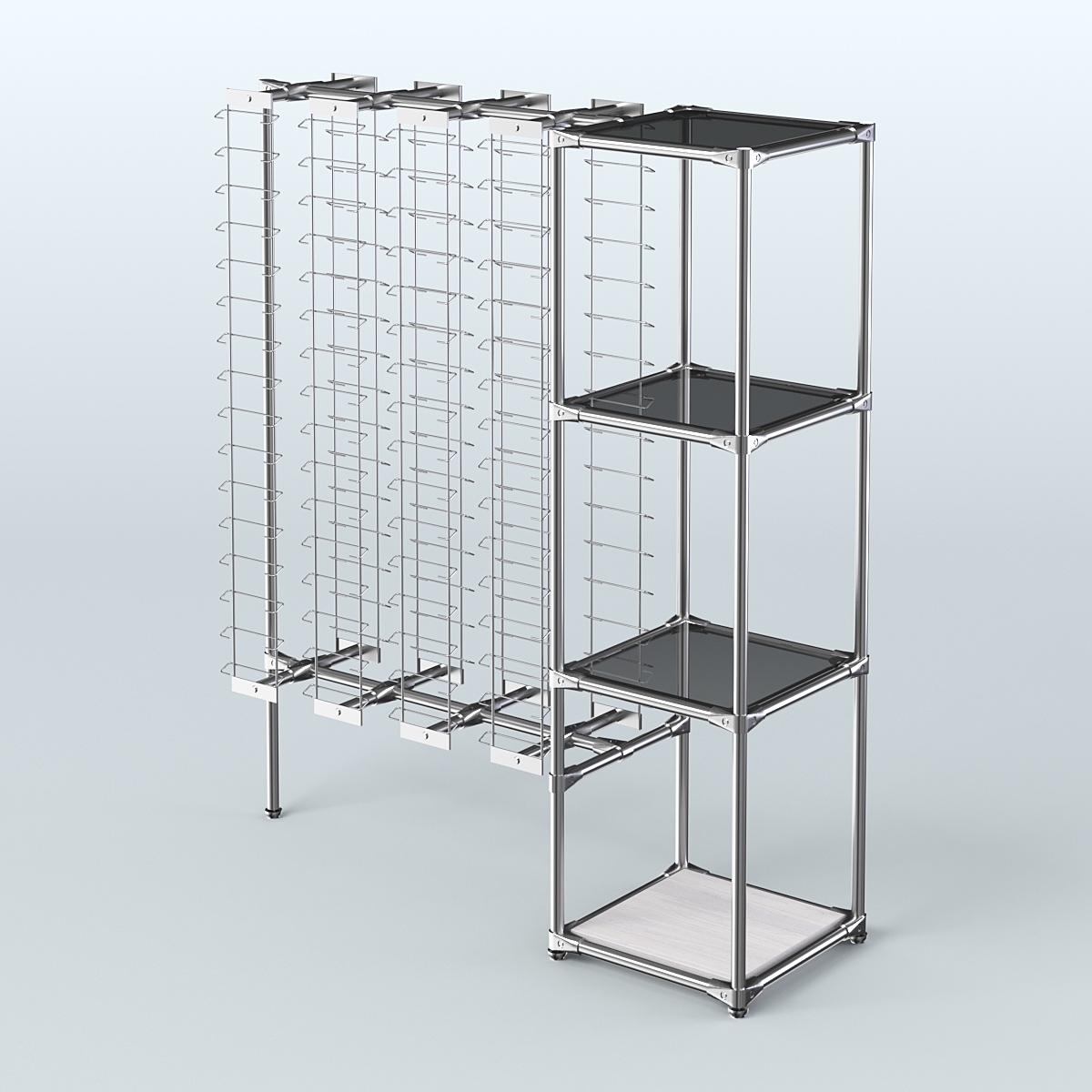 Хромированный стенд для продажи очков ЛИНИЯ №1-2-Д24 с тонированными полками стекло 8 мм Ясень Анкор светлый