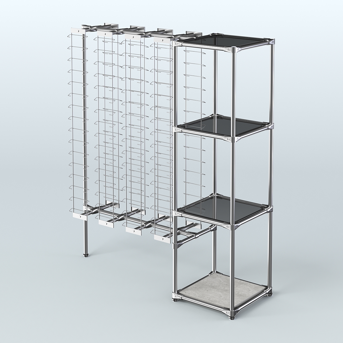 Хромированный стенд для продажи очков ЛИНИЯ №1-2-Д24 с тонированными полками стекло 8 мм Метрополитан Грей