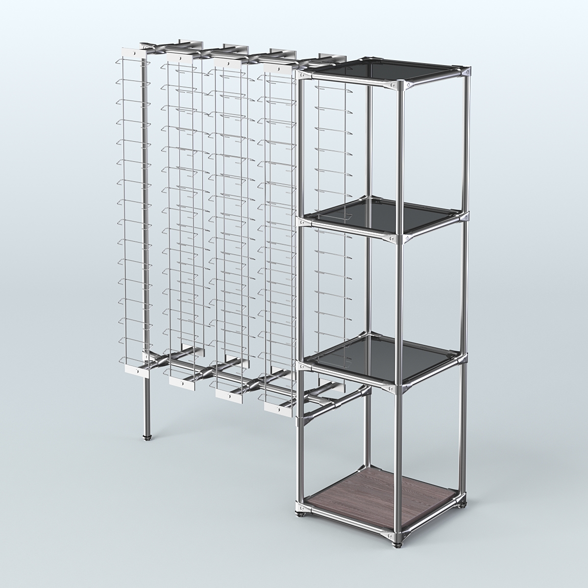 Хромированный стенд для продажи очков ЛИНИЯ №1-2-Д24 с тонированными полками стекло 8 мм Ясень Анкор темный