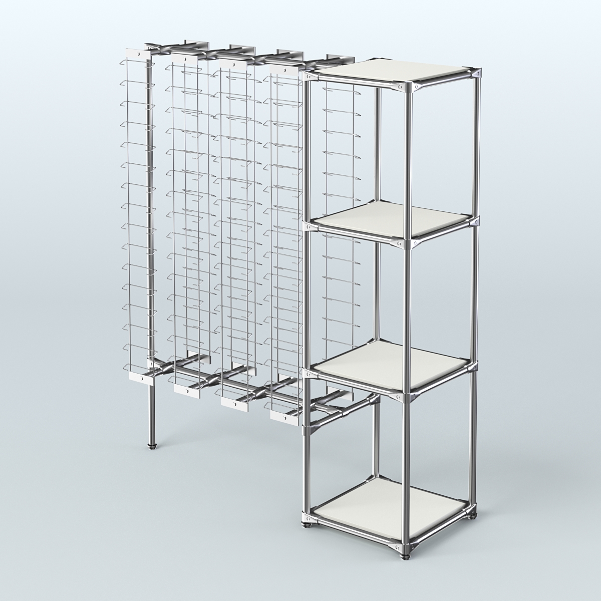 Хромированный стенд для продажи очков ЛИНИЯ №1-3-Д24 с полками ДСП 16 мм Белый