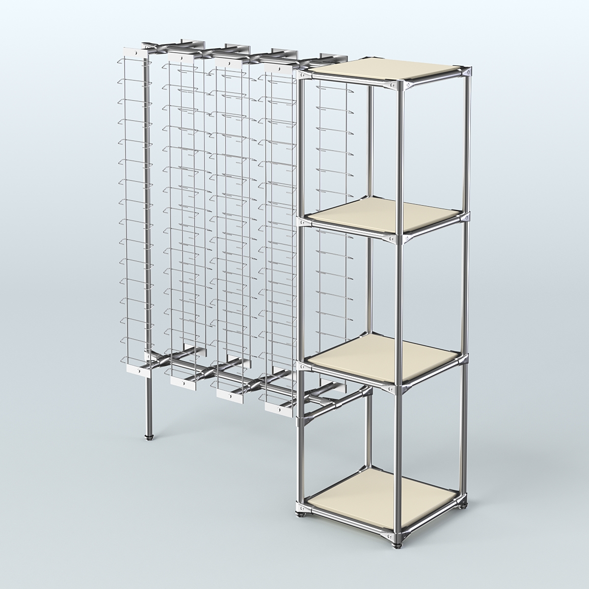 Хромированный стенд для продажи очков ЛИНИЯ №1-3-Д24 с полками ДСП 16 мм Крем Вайс