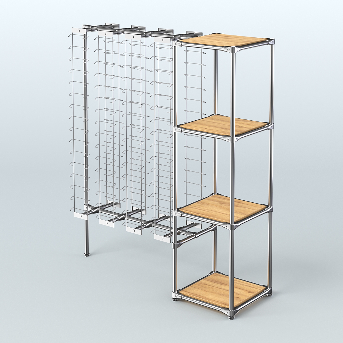 Хромированный стенд для продажи очков ЛИНИЯ №1-3-Д24 с полками ДСП 16 мм Дуб Золотистый