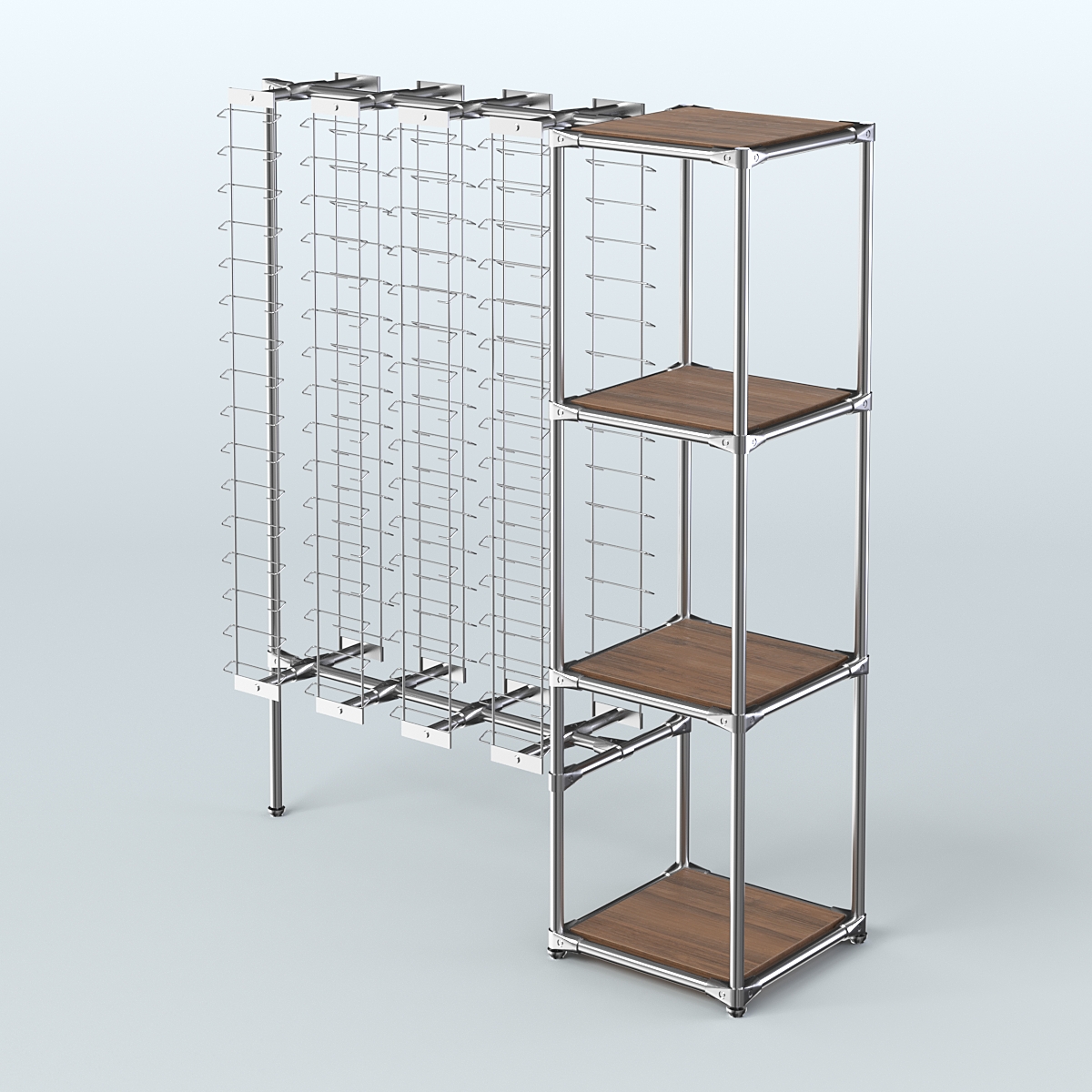 Хромированный стенд для продажи очков ЛИНИЯ №1-3-Д24 с полками ДСП 16 мм Орех