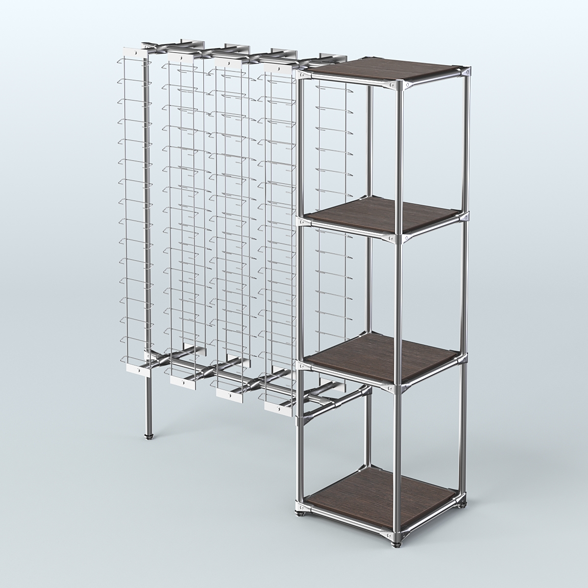 Хромированный стенд для продажи очков ЛИНИЯ №1-3-Д24 с полками ДСП 16 мм Дуб Венге