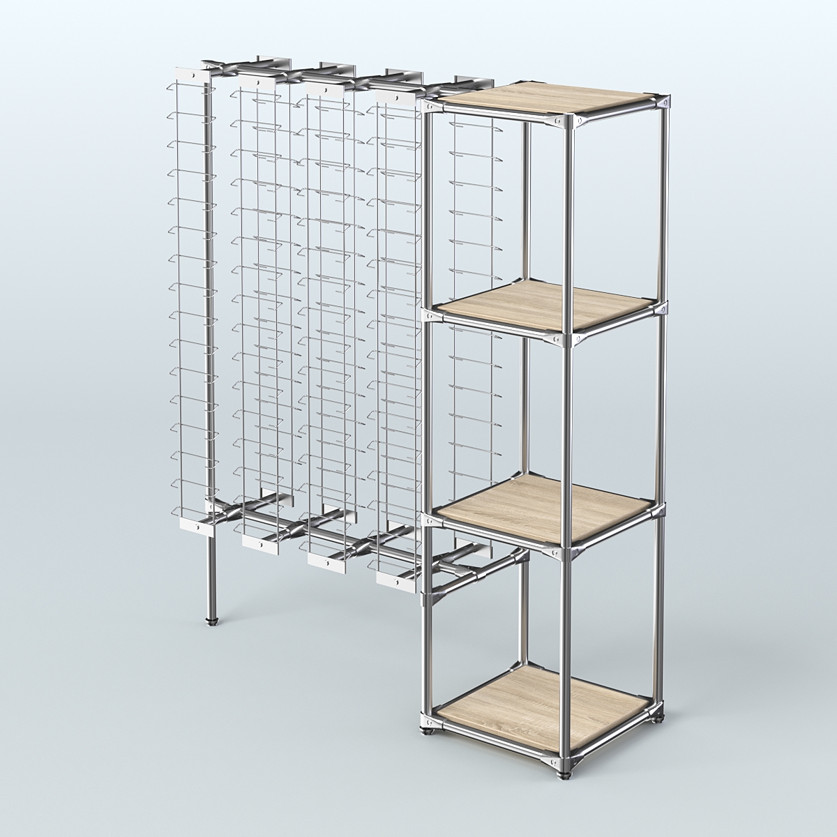 Хромированный стенд для продажи очков ЛИНИЯ №1-3-Д24 с полками ДСП 16 мм Дуб сонома