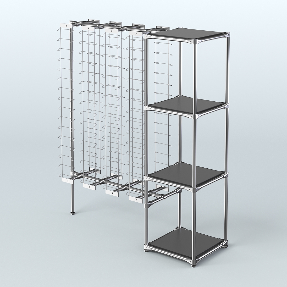 Хромированный стенд для продажи очков ЛИНИЯ №1-3-Д24 с полками ДСП 16 мм Черный