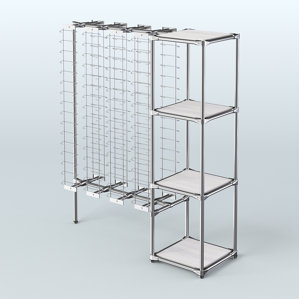 Хромированный стенд для продажи очков ЛИНИЯ №1-3-Д24 с полками ДСП 16 мм Ясень Анкор светлый