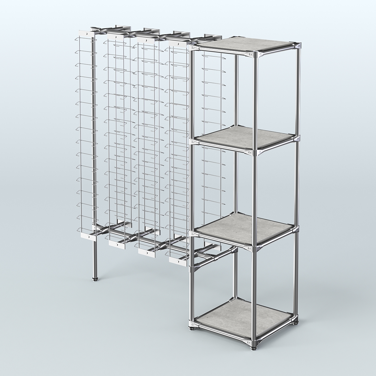 Хромированный стенд для продажи очков ЛИНИЯ №1-3-Д24 с полками ДСП 16 мм Метрополитан Грей