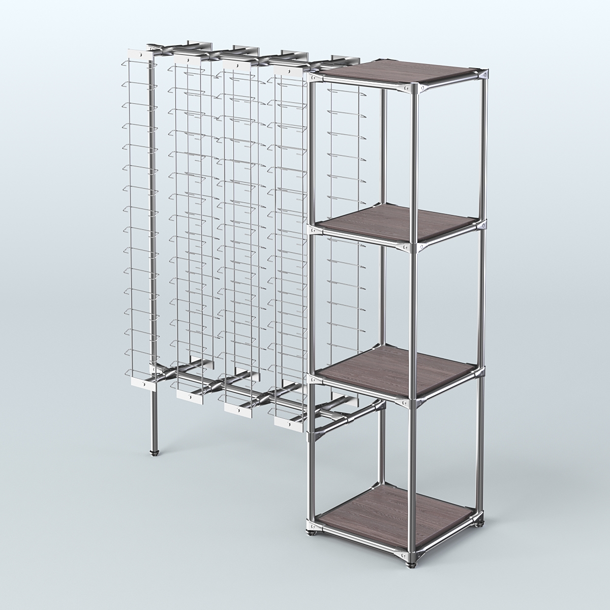 Хромированный стенд для продажи очков ЛИНИЯ №1-3-Д24 с полками ДСП 16 мм Ясень Анкор темный