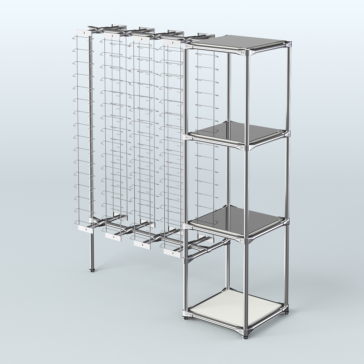 Хромированный стенд для продажи очков ЛИНИЯ №1-4-Д24 с зеркальными полками 4 мм Белый