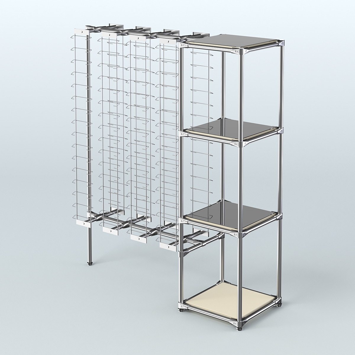 Хромированный стенд для продажи очков ЛИНИЯ №1-4-Д24 с зеркальными полками 4 мм Крем Вайс