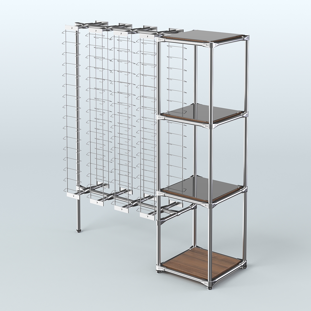 Хромированный стенд для продажи очков ЛИНИЯ №1-4-Д24 с зеркальными полками 4 мм Орех