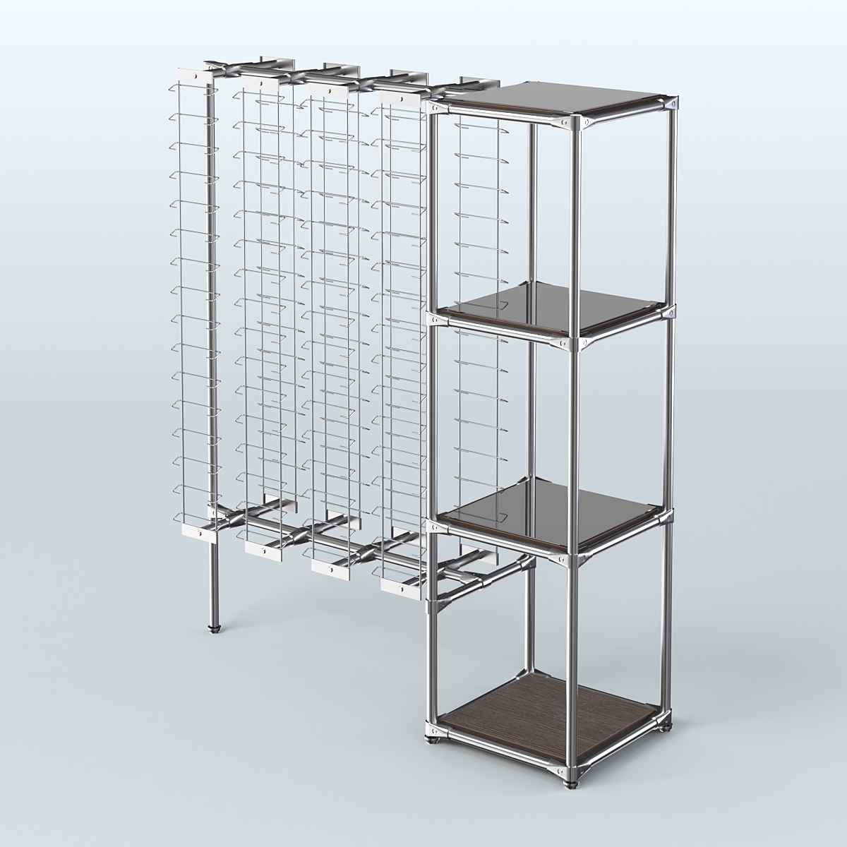 Хромированный стенд для продажи очков ЛИНИЯ №1-4-Д24 с зеркальными полками 4 мм Дуб Венге