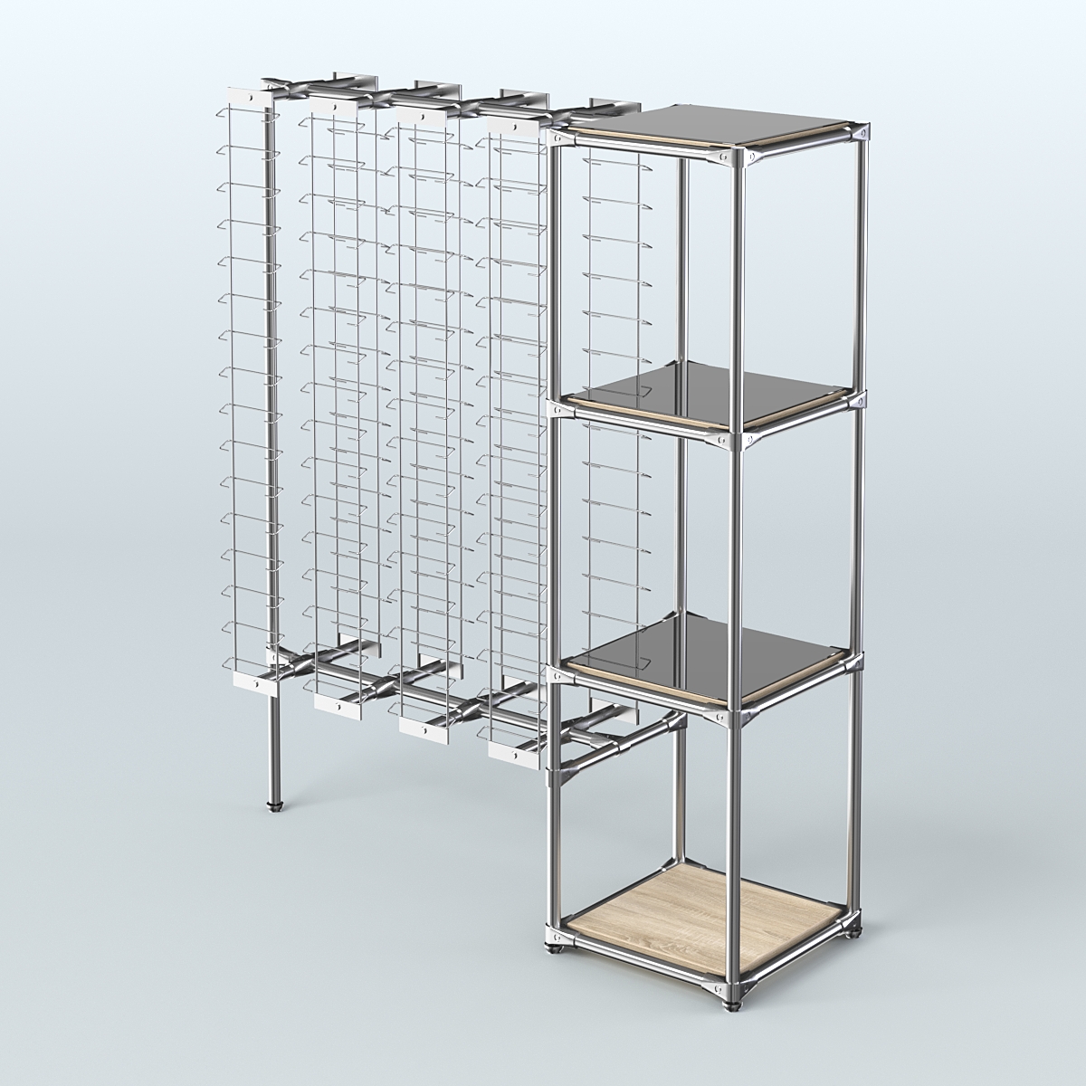 Хромированный стенд для продажи очков ЛИНИЯ №1-4-Д24 с зеркальными полками 4 мм Дуб сонома