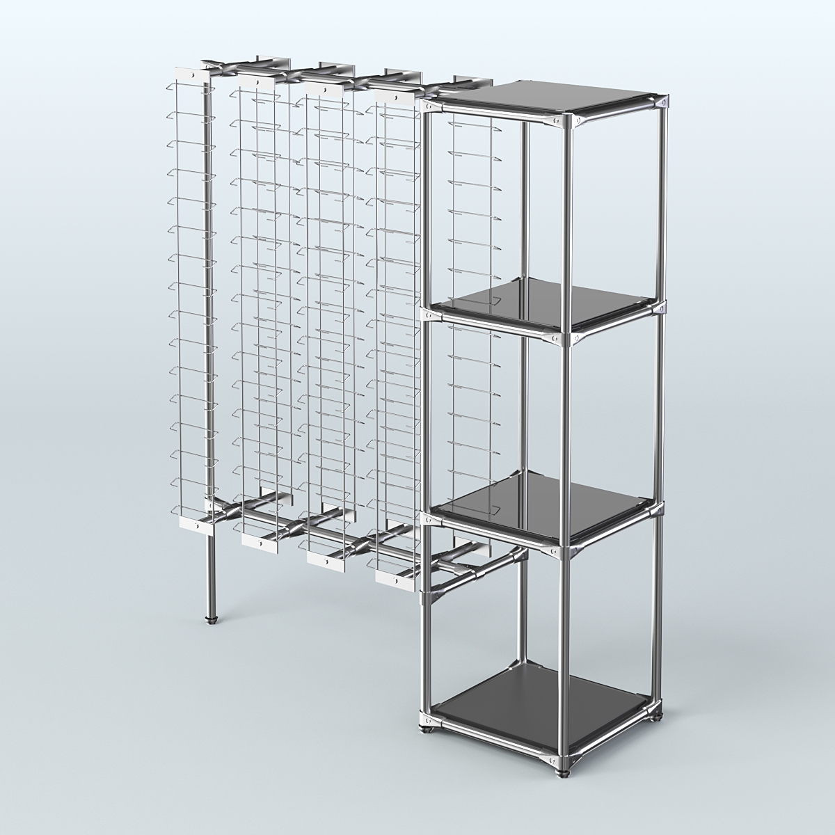 Хромированный стенд для продажи очков ЛИНИЯ №1-4-Д24 с зеркальными полками 4 мм Черный
