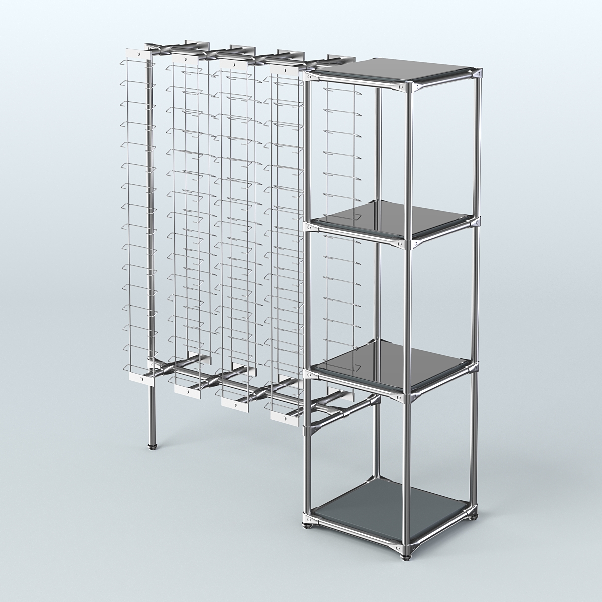 Хромированный стенд для продажи очков ЛИНИЯ №1-4-Д24 с зеркальными полками 4 мм Темно-Серый