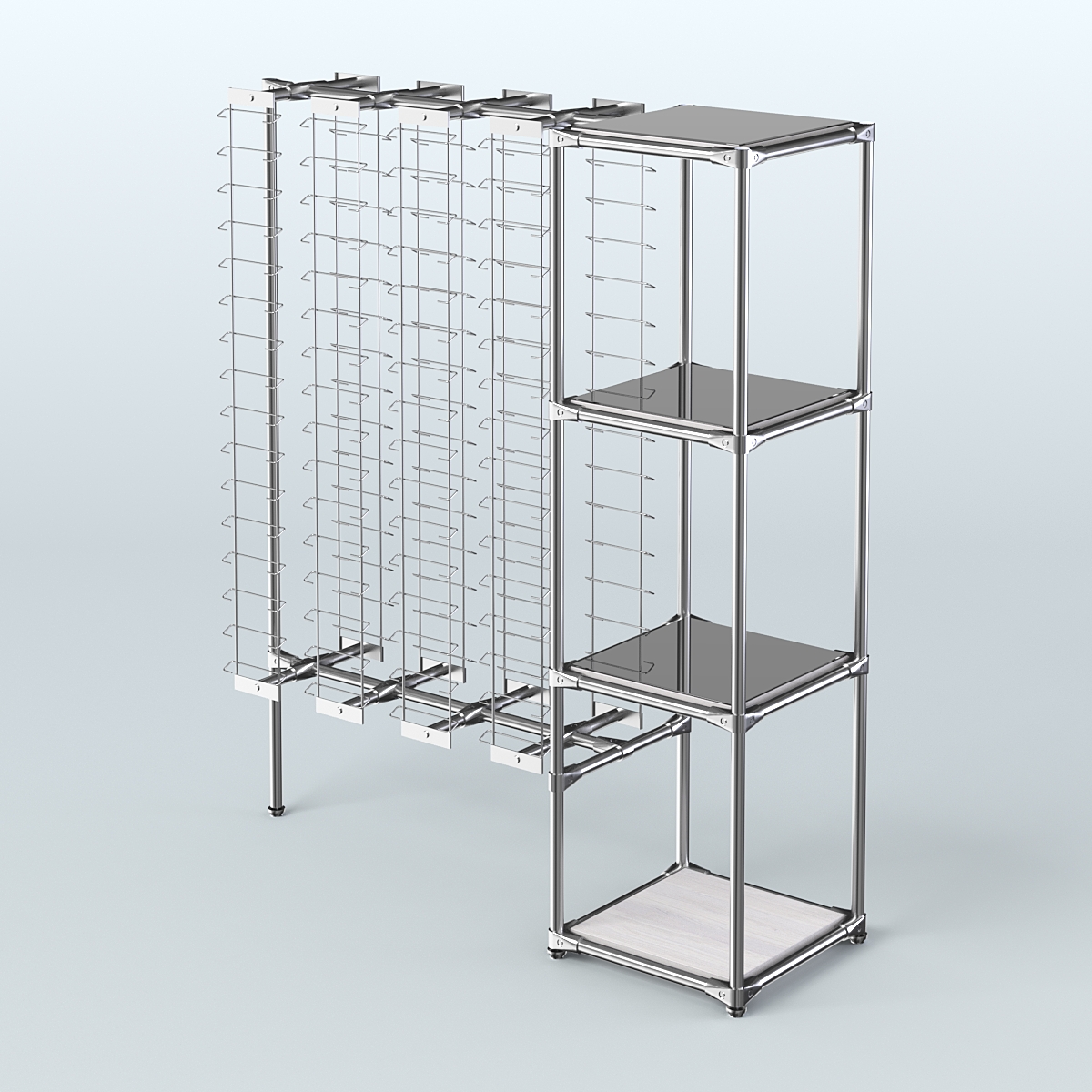 Хромированный стенд для продажи очков ЛИНИЯ №1-4-Д24 с зеркальными полками 4 мм Ясень Анкор светлый